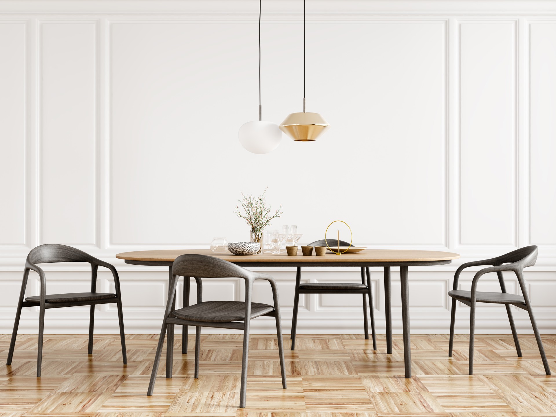 Sillas negras y mesa de comedor de madera contra la pared de paneles blancos clásicos. Diseño interior de comedor moderno. Renderizado 3D.