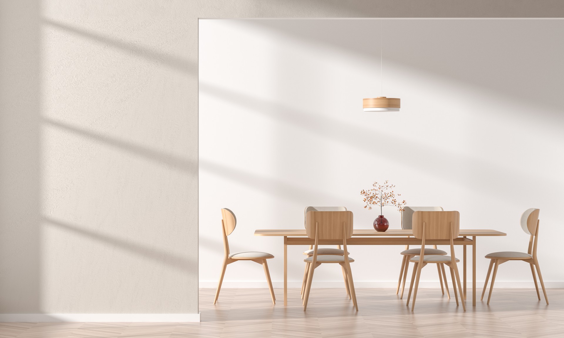 Pared vacía maqueta en el comedor moderno con silla de madera y mesa.  Diseño minimalista del comedor con espacio de copiado. Ilustración 3D.