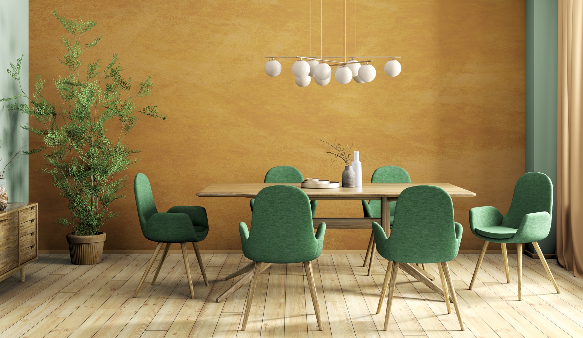 Diseño interior de comedor moderno, mesa de madera y sillas verdes renderizado 3d